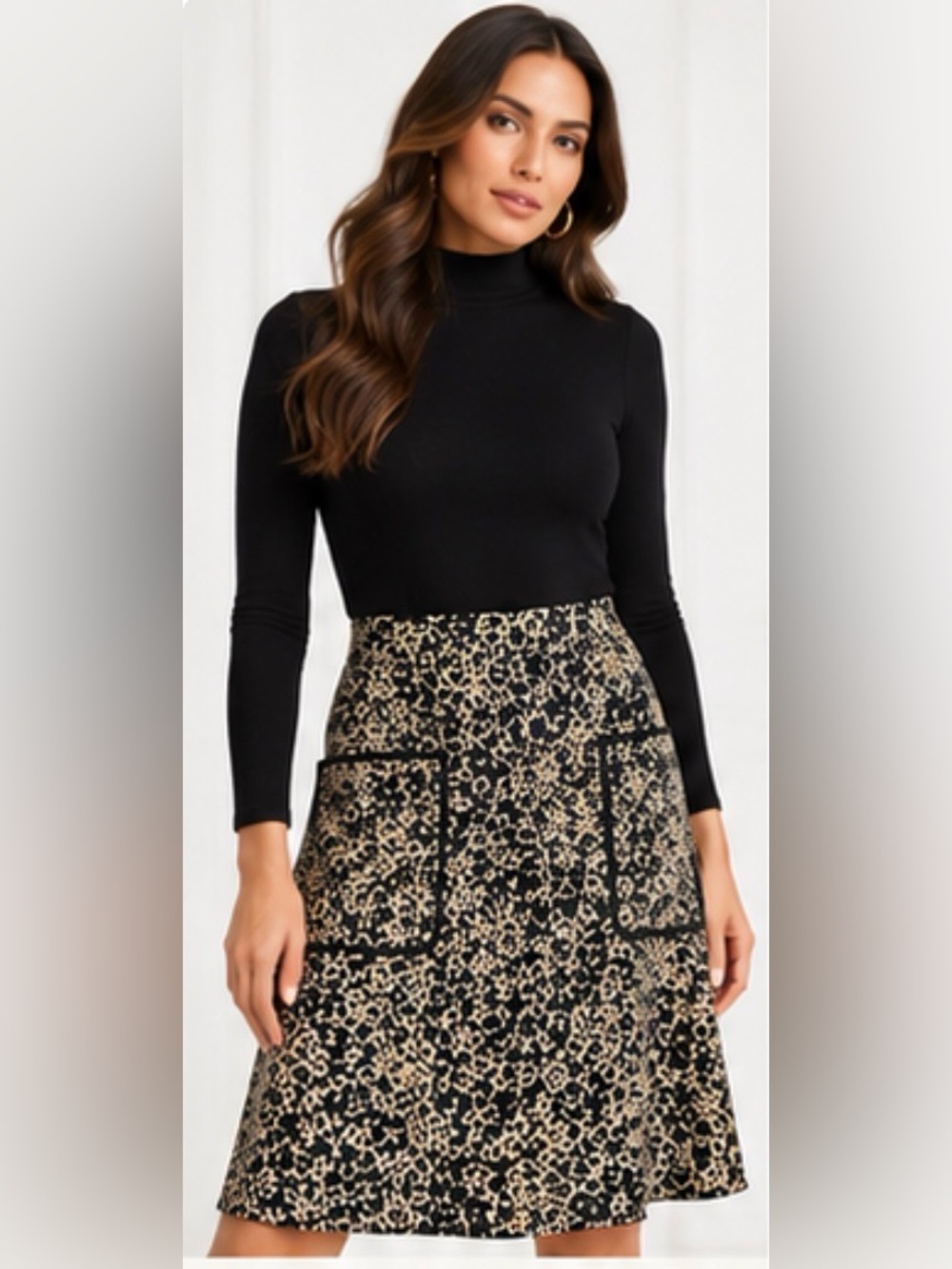 INC International Concepts 100% Silk Black Gold Print Midi Skirt Size 6